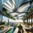 Hyperrealistic luxury rooftop terrace with biomimicry-inspired retractable canopy, smart tech, greenery, and city skyline background.