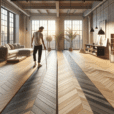 Hyperrealistic loft with magnetic click-flooring; herringbone wood and geometric tiles; person installs plank tool-free; sunlit modern decor.