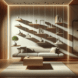 Hyperrealistic modern minimalist living room with floating wooden shelves using hidden magnetic levitation and ambient lighting for a futuristic look.