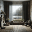 Hyperrealistic marshland minimalism interior with earthy tones, natural textures, ambient lighting, and misty wetland view.