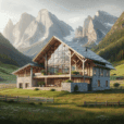 Hyperrealistic render of a modernized alpine barn with rustic wood, stone walls, glass panels, set in lush meadows and mountain scenery.