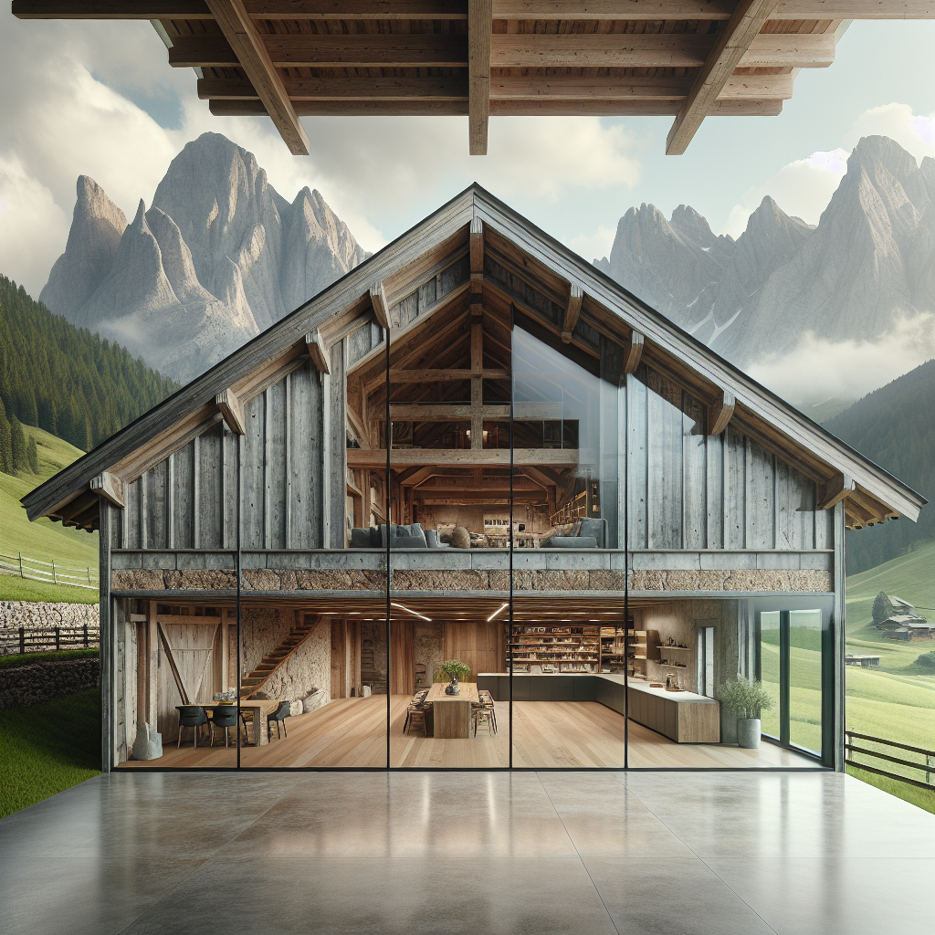 Hyperrealistic render of a modernized alpine barn with rustic wood, stone walls, glass panels, set in lush meadows and mountain scenery.