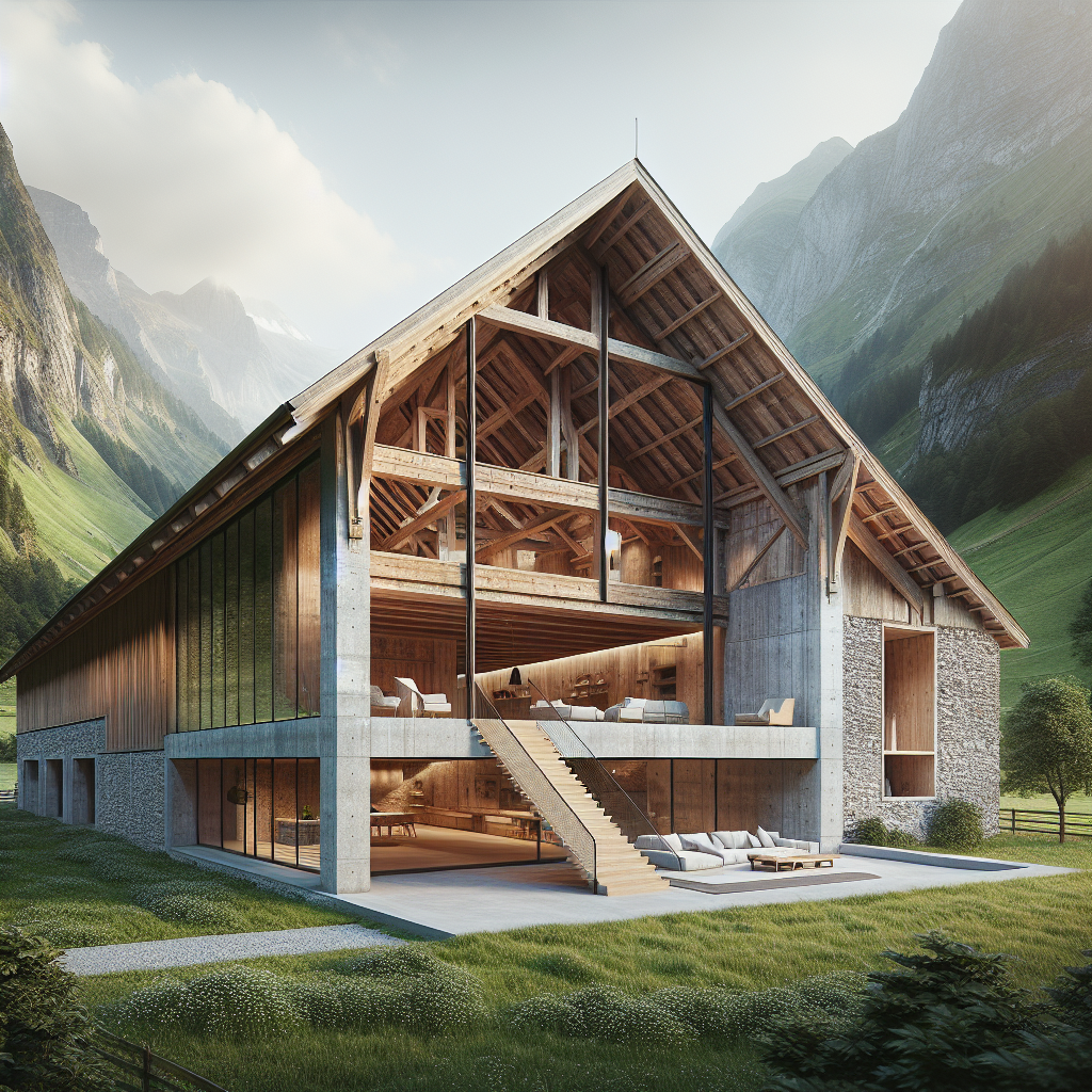 Hyperrealistic render of a modernized alpine barn with rustic wood, stone walls, glass panels, set in lush meadows and mountain scenery.