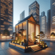 Hyperrealistic modular micro-temple in urban plaza at dusk with Japanese minimalist design, shoji screens, and biophilic architecture.