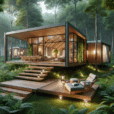 Hyperrealistic luxury glamping hut in forest with minimalist design, foldable deck, glass walls, and eco-friendly materials.