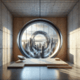 Futuristic interior with elliptical oculus window, showcasing AR-enhanced skyline view through minimalist wood and concrete design.