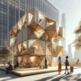 Futuristic eco-friendly origami-inspired pop-up habitat with recycled materials in urban setting, featuring geometric design and human interaction.