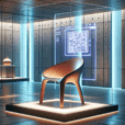 Hyperrealistic designer chair with glowing QR code and holographic NFT metadata in modern gallery, blending art, tech, and sustainability.