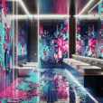 Ultra-realistic modern bathroom with pixelated ceramic tiles, glitch art design, vivid colors, and ambient LED lighting for digital aesthetic.