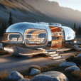 Hyperrealistic retro-futuristic space caravan with Apollo-era design, parked in scenic wilderness with visible luxury interior and tech features.