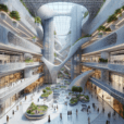 Futuristic shopping mall interior with soft labyrinth design, skylights, vertical gardens, frosted glass, AR panels, and artistic lighting.