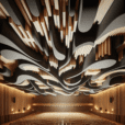 Hyperrealistic grand auditorium with sculptural piano key acoustic ceiling, warm lighting, and sustainable materials like wood and felt.