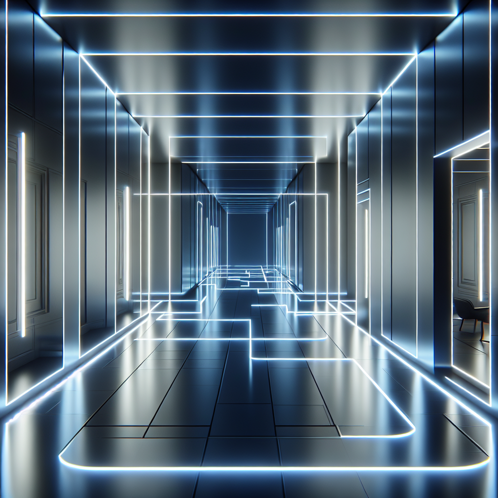 Hyperrealistic modern minimalist corridor at night with LED-lit edges, neon glow, and reflective surfaces in a futuristic Blade Runner style.
