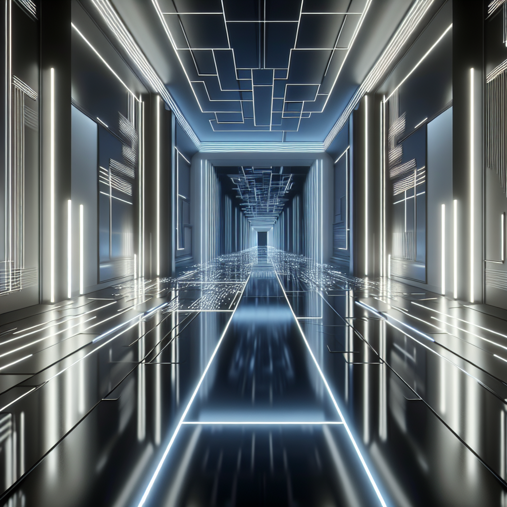 Hyperrealistic modern minimalist corridor at night with LED-lit edges, neon glow, and reflective surfaces in a futuristic Blade Runner style.