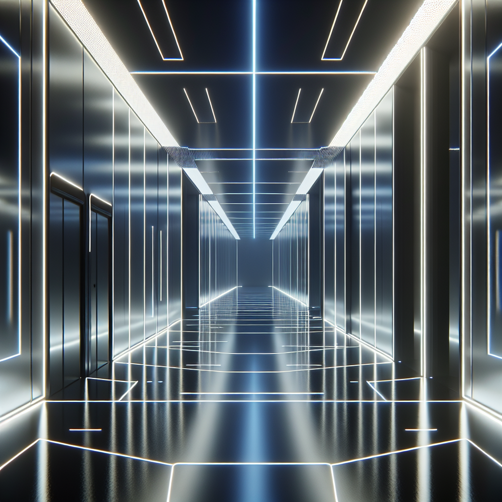 Hyperrealistic modern minimalist corridor at night with LED-lit edges, neon glow, and reflective surfaces in a futuristic Blade Runner style.