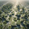 Hyperrealistic aerial view of a futuristic sustainable city with fractal-inspired green architecture, rooftop forests, and organic street patterns.
