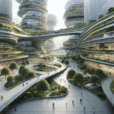 Futuristic urban park with curving walkways, lush vertical gardens, organic architecture, glassy buildings, serene atmosphere, and people relaxing.
