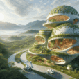 Futuristic 3D printed eco-house with dome-shaped clay walls, green roof, robot arm, and mountain backdrop in soft daylight.