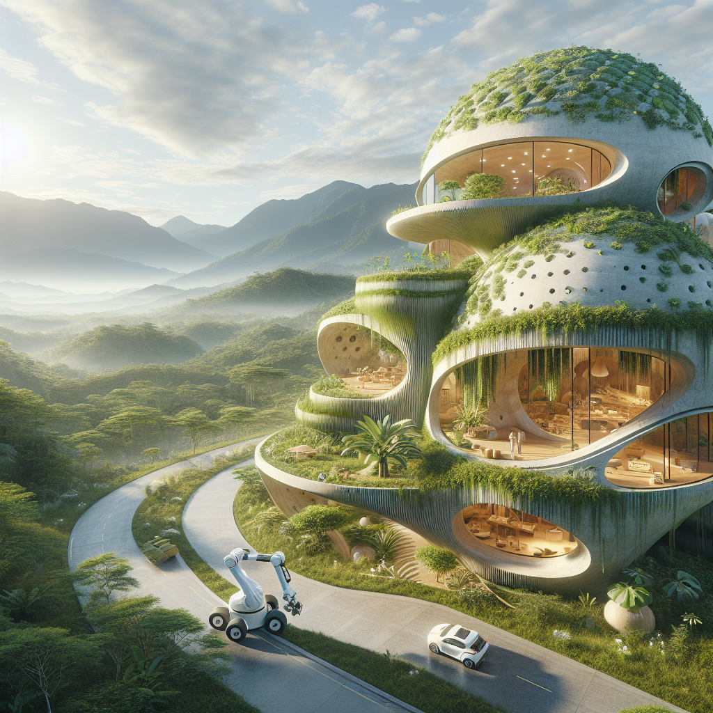 Futuristic 3D printed eco-house with dome-shaped clay walls, green roof, robot arm, and mountain backdrop in soft daylight.