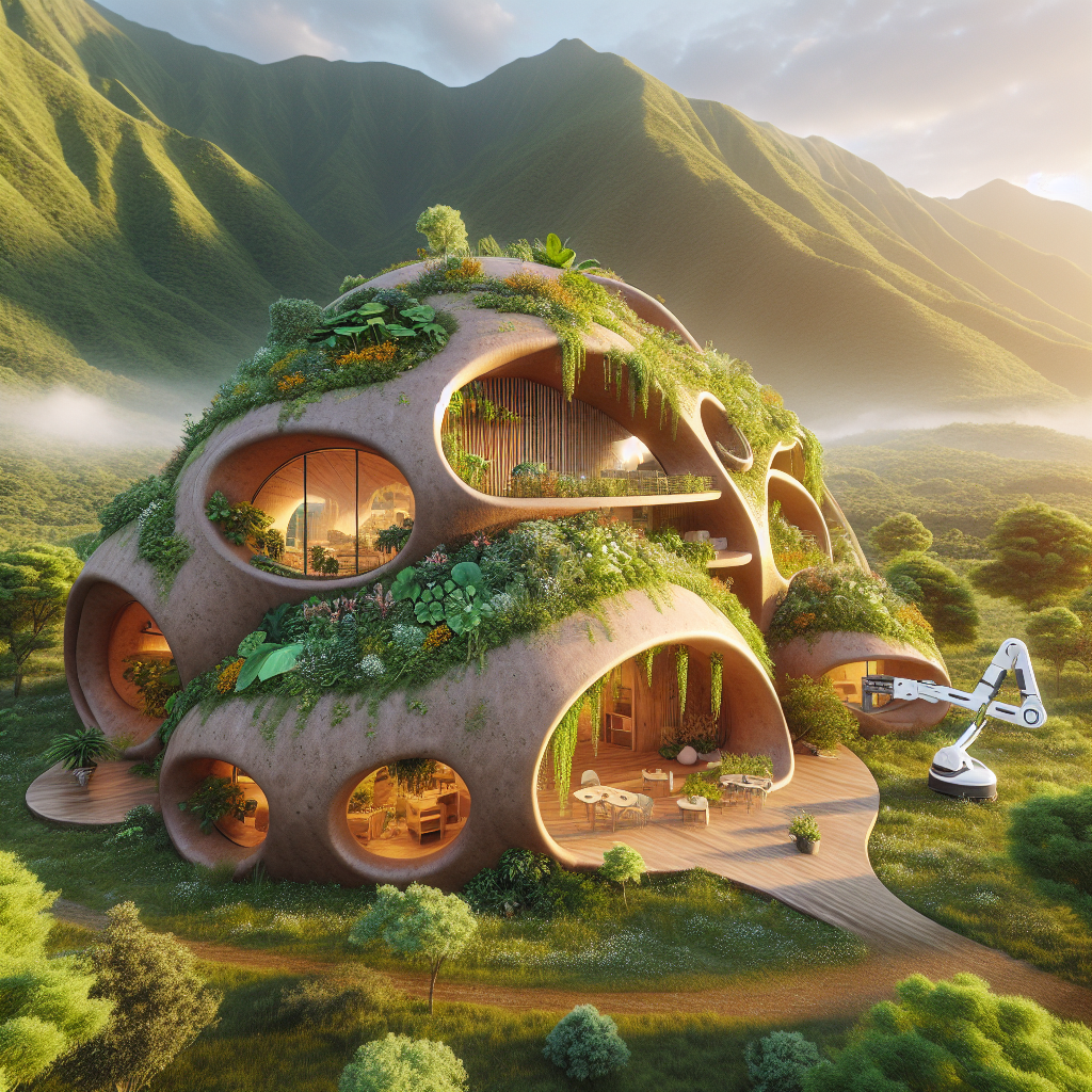 Futuristic 3D printed eco-house with dome-shaped clay walls, green roof, robot arm, and mountain backdrop in soft daylight.