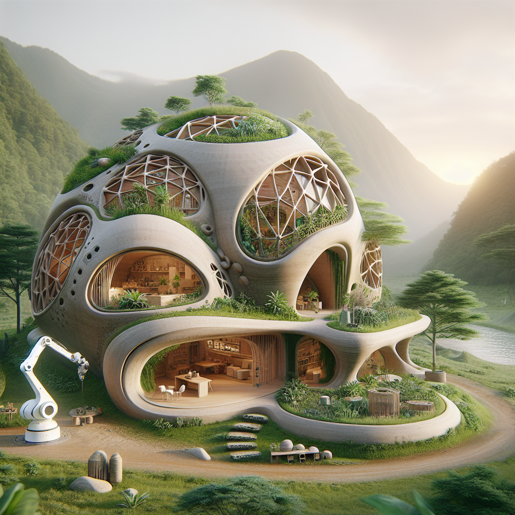 Futuristic 3D printed eco-house with dome-shaped clay walls, green roof, robot arm, and mountain backdrop in soft daylight.