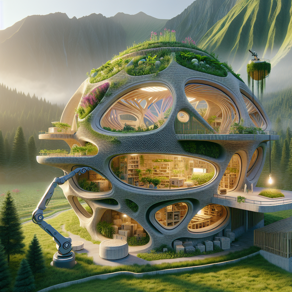 Futuristic 3D printed eco-house with dome-shaped clay walls, green roof, robot arm, and mountain backdrop in soft daylight.