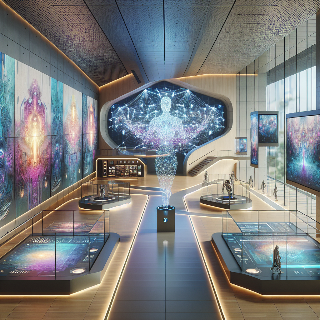 Futuristic AI art gallery with digital paintings, kinetic light installation, and holographic sculpture in biophilic, high-tech design.