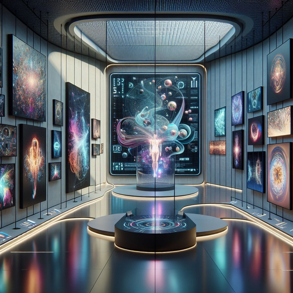 Futuristic AI art gallery with digital paintings, kinetic light installation, and holographic sculpture in biophilic, high-tech design.