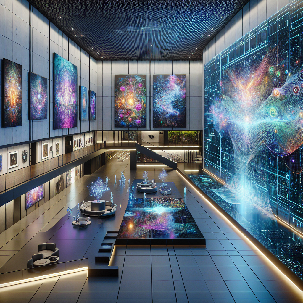 Futuristic AI art gallery with digital paintings, kinetic light installation, and holographic sculpture in biophilic, high-tech design.