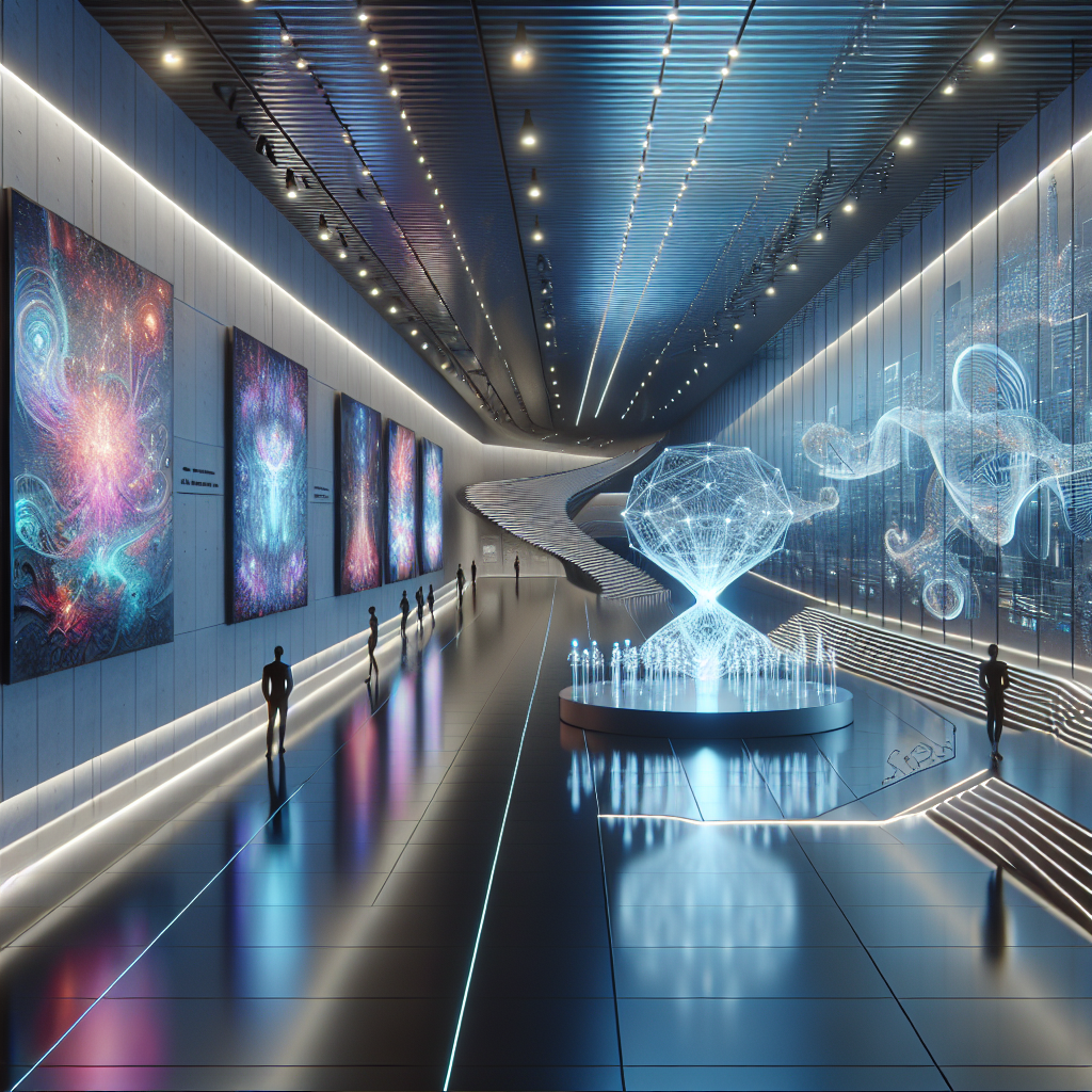 Futuristic AI art gallery with digital paintings, kinetic light installation, and holographic sculpture in biophilic, high-tech design.