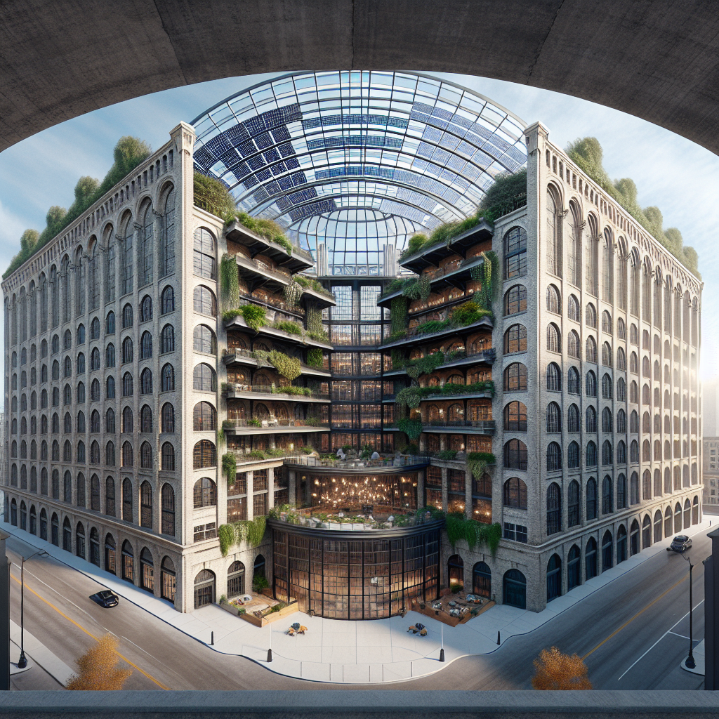 Hyperrealistic image of 1920s grain silo repurposed into modern cultural center with glass atrium, greenery, and sustainable design.