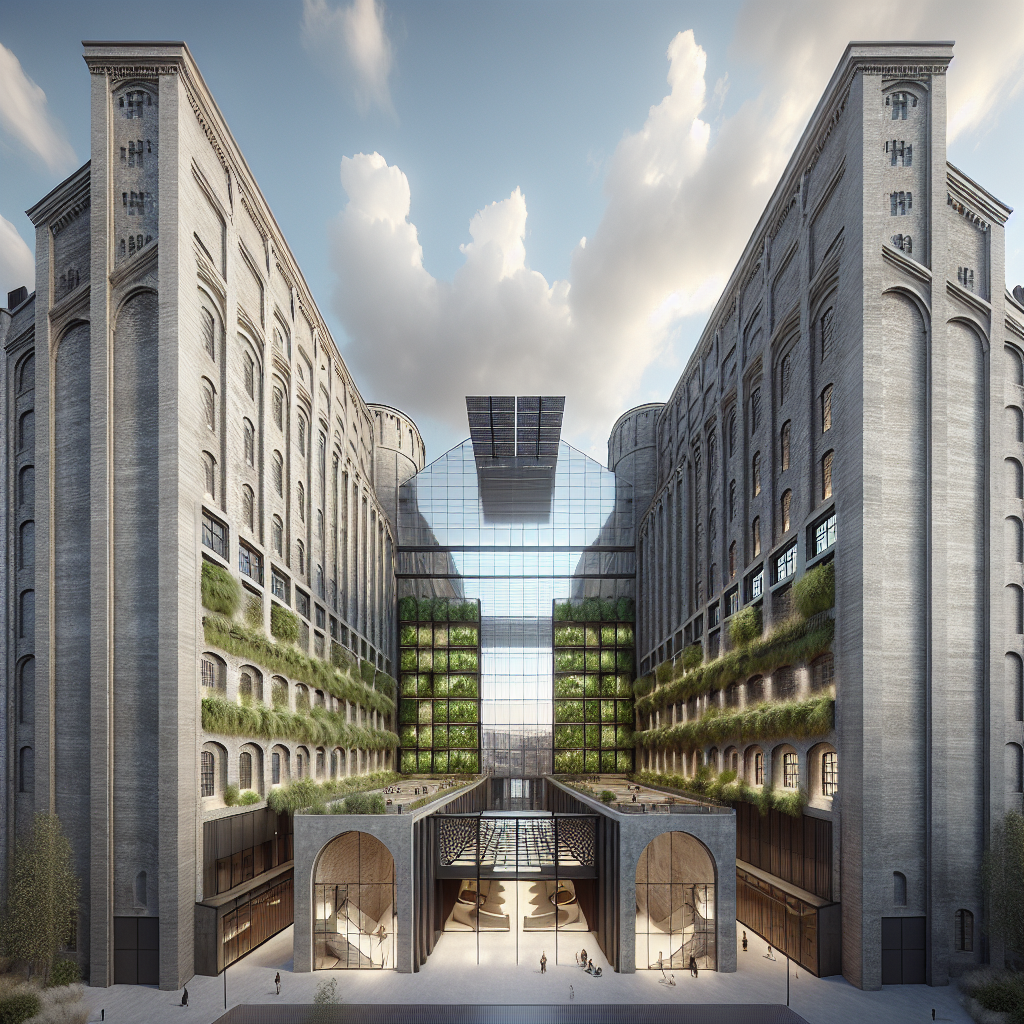 Hyperrealistic image of 1920s grain silo repurposed into modern cultural center with glass atrium, greenery, and sustainable design.