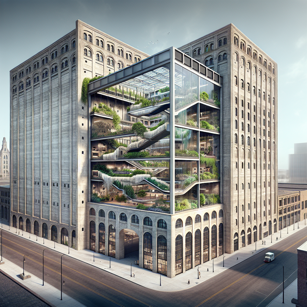 Hyperrealistic image of 1920s grain silo repurposed into modern cultural center with glass atrium, greenery, and sustainable design.
