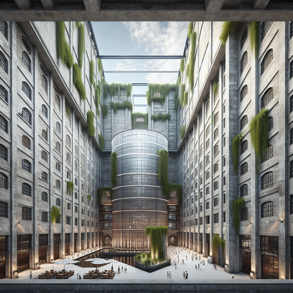 Hyperrealistic image of 1920s grain silo repurposed into modern cultural center with glass atrium, greenery, and sustainable design.