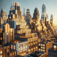Hyperrealistic Art Deco cityscape at golden hour with 1920s-modern fusion, iconic skyscrapers, neon signs, chrome and marble architecture.
