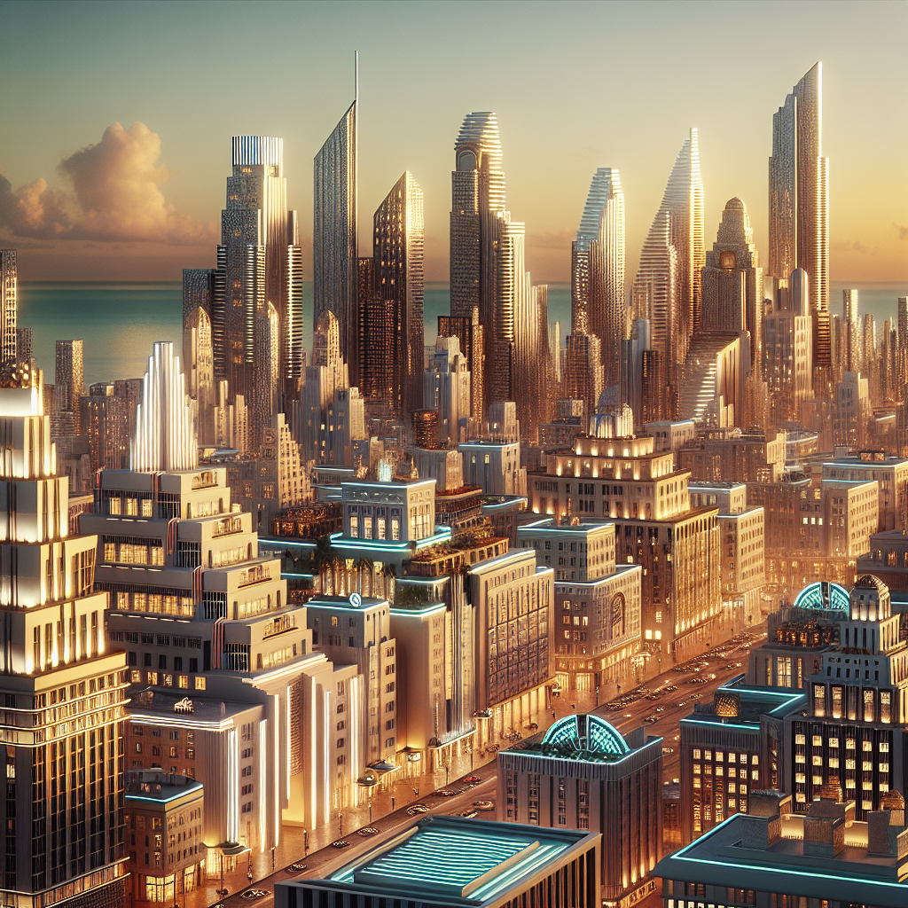 Hyperrealistic Art Deco cityscape at golden hour with 1920s-modern fusion, iconic skyscrapers, neon signs, chrome and marble architecture.