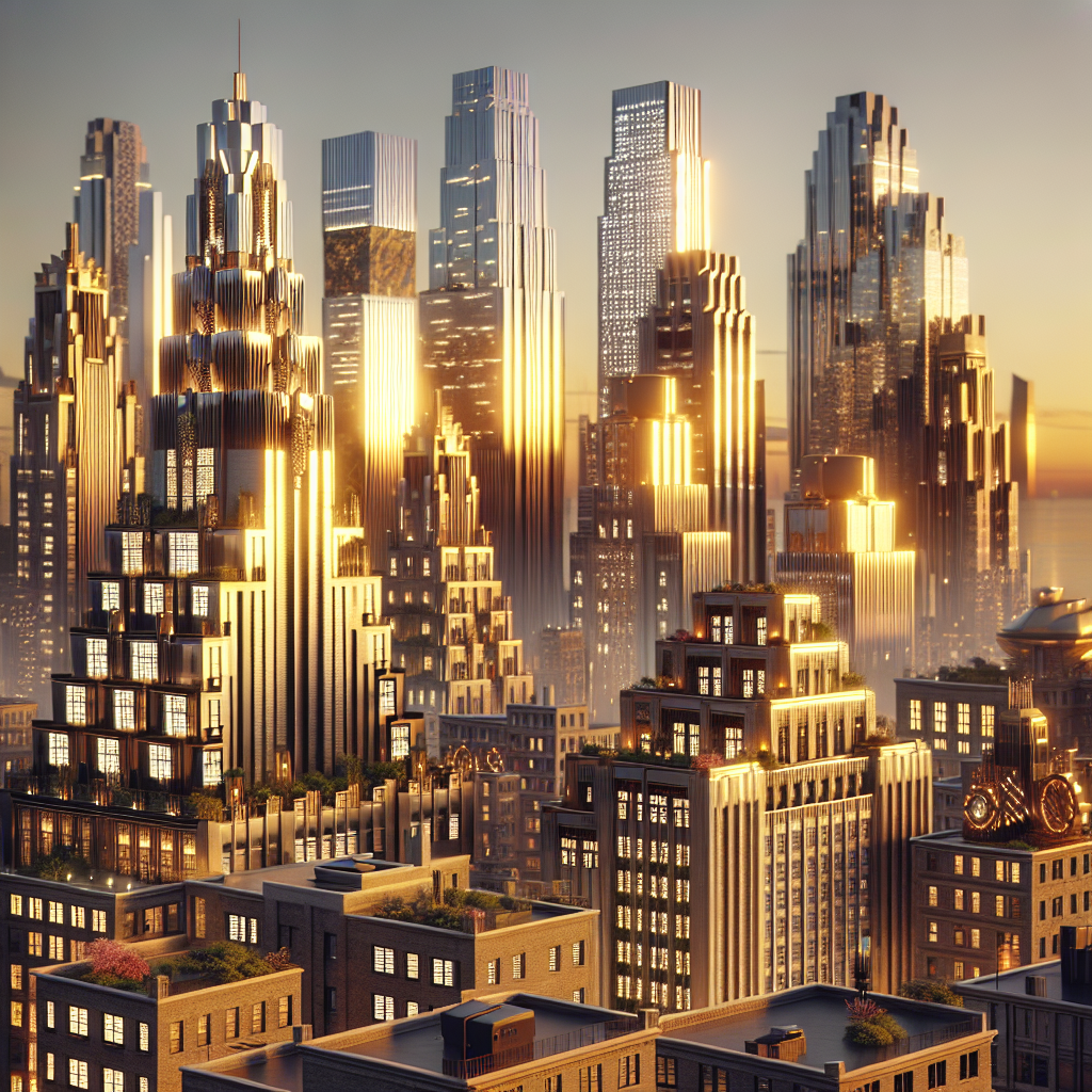 Hyperrealistic Art Deco cityscape at golden hour with 1920s-modern fusion, iconic skyscrapers, neon signs, chrome and marble architecture.