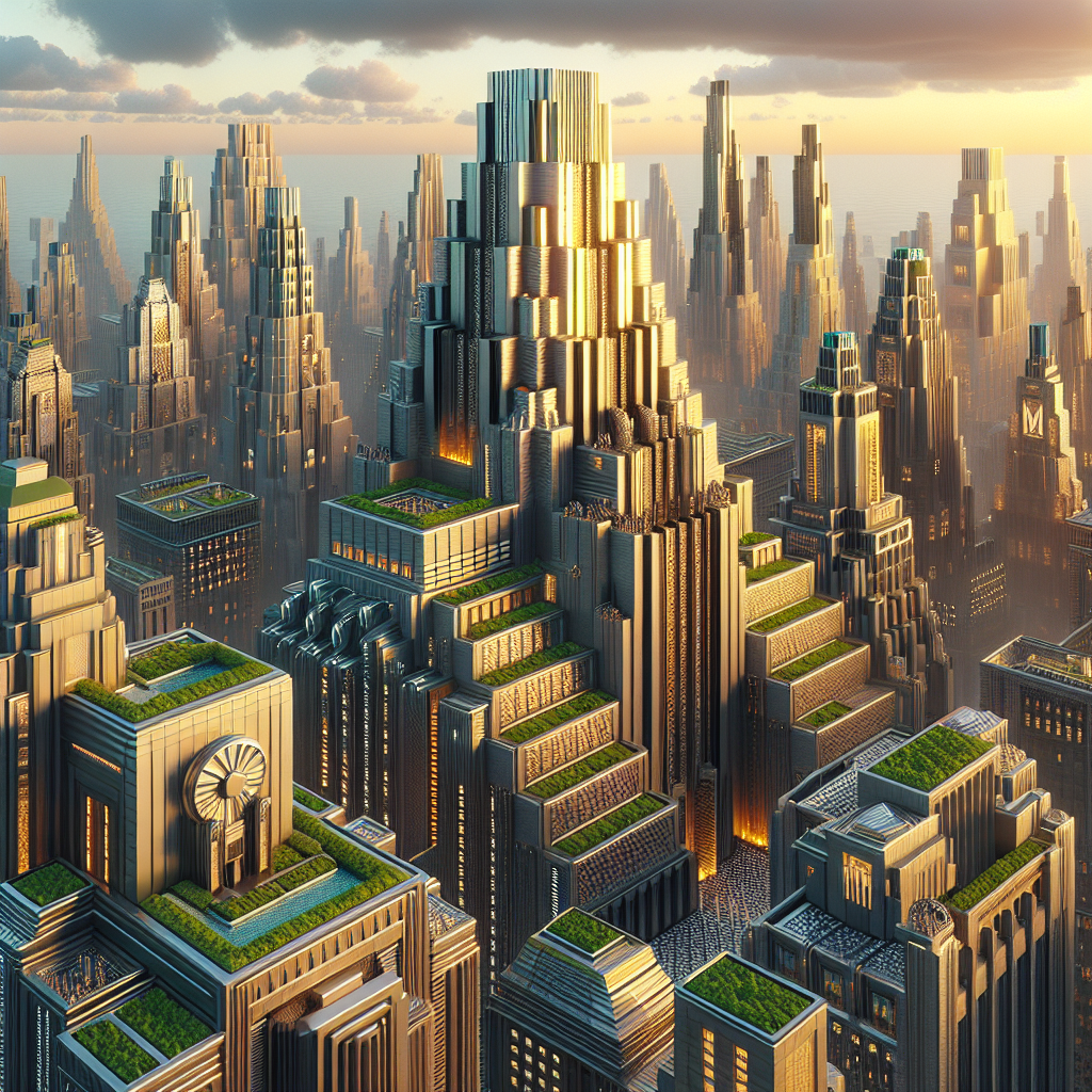 Hyperrealistic Art Deco cityscape at golden hour with 1920s-modern fusion, iconic skyscrapers, neon signs, chrome and marble architecture.
