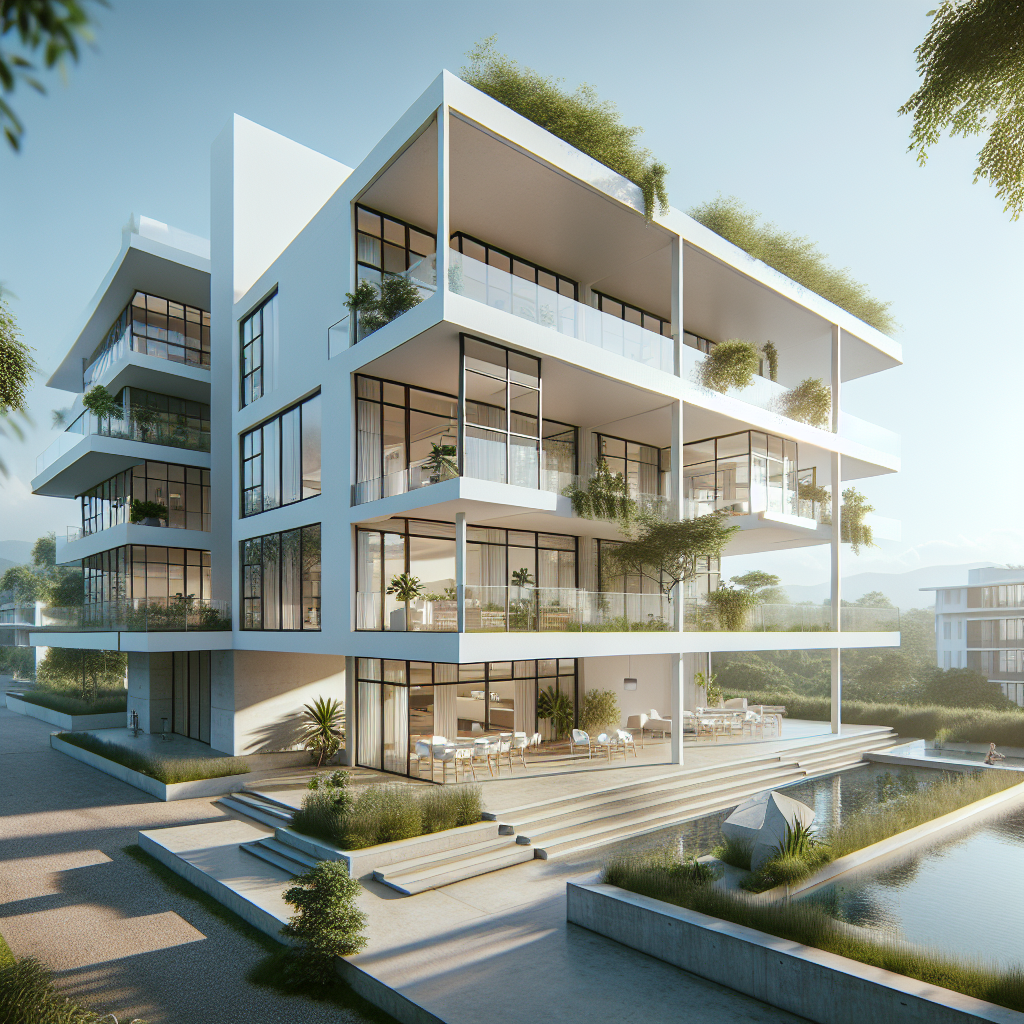 Hyperrealistic Bauhaus-style modern building with white façade, large windows, rooftop garden, and biophilic design in natural sunlight.