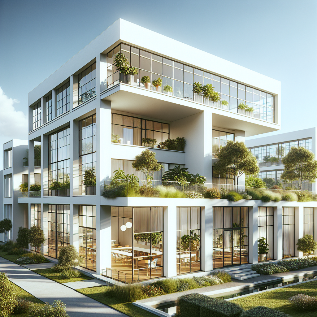 Hyperrealistic Bauhaus-style modern building with white façade, large windows, rooftop garden, and biophilic design in natural sunlight.