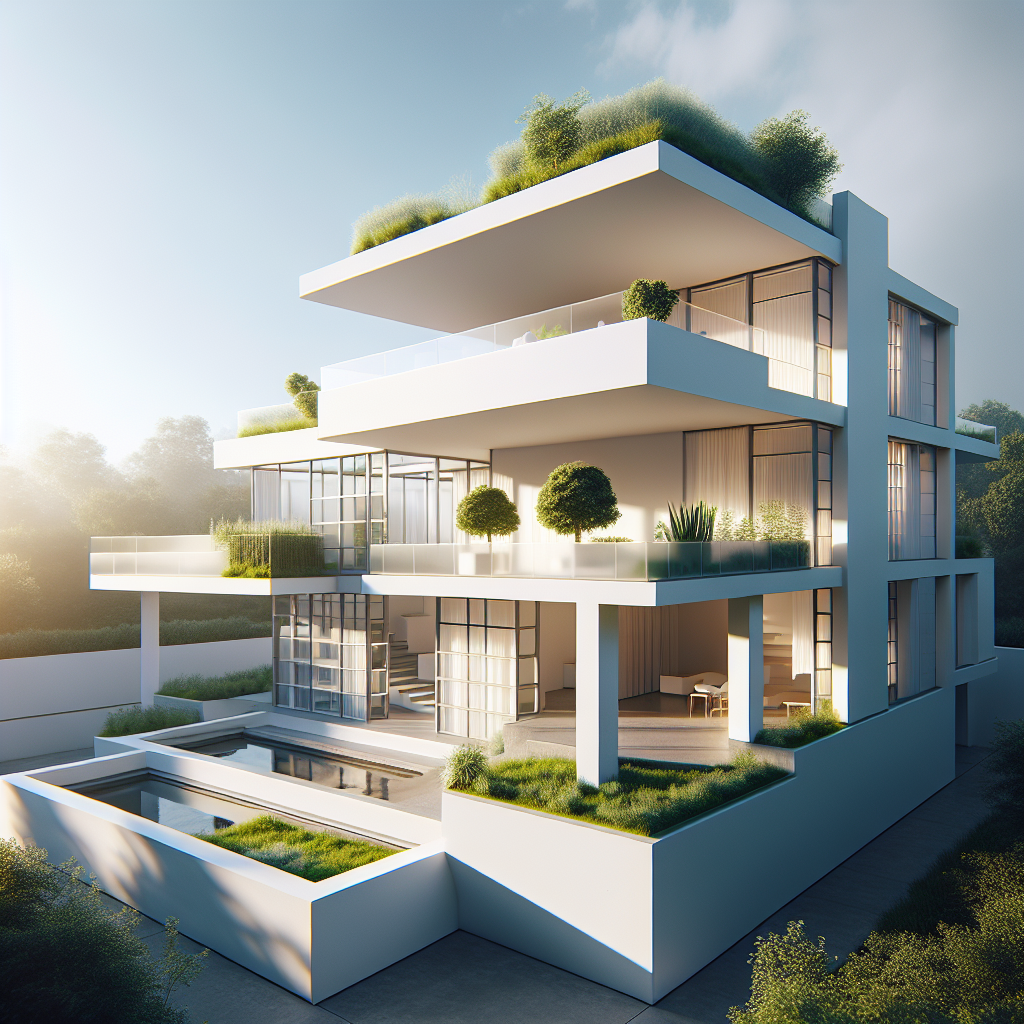 Hyperrealistic Bauhaus-style modern building with white façade, large windows, rooftop garden, and biophilic design in natural sunlight.