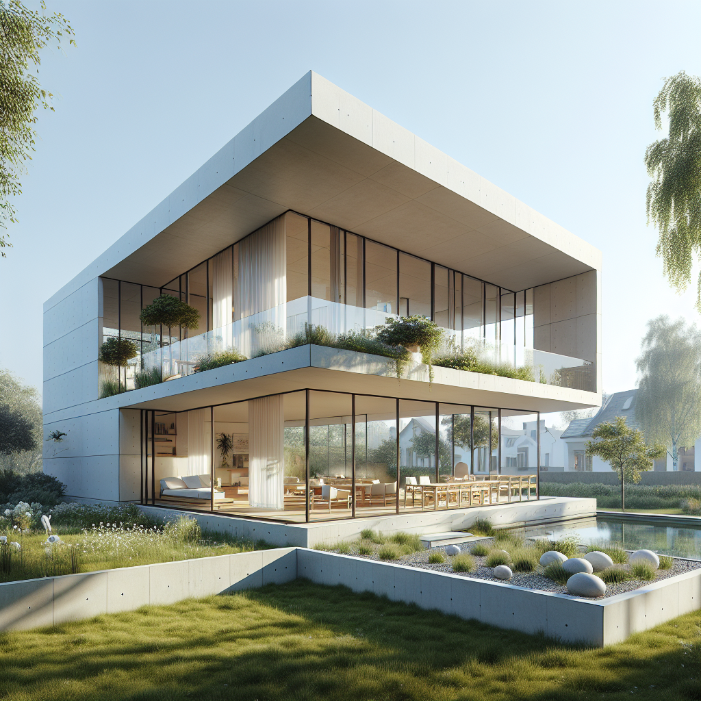 Hyperrealistic Bauhaus-style modern building with white façade, large windows, rooftop garden, and biophilic design in natural sunlight.