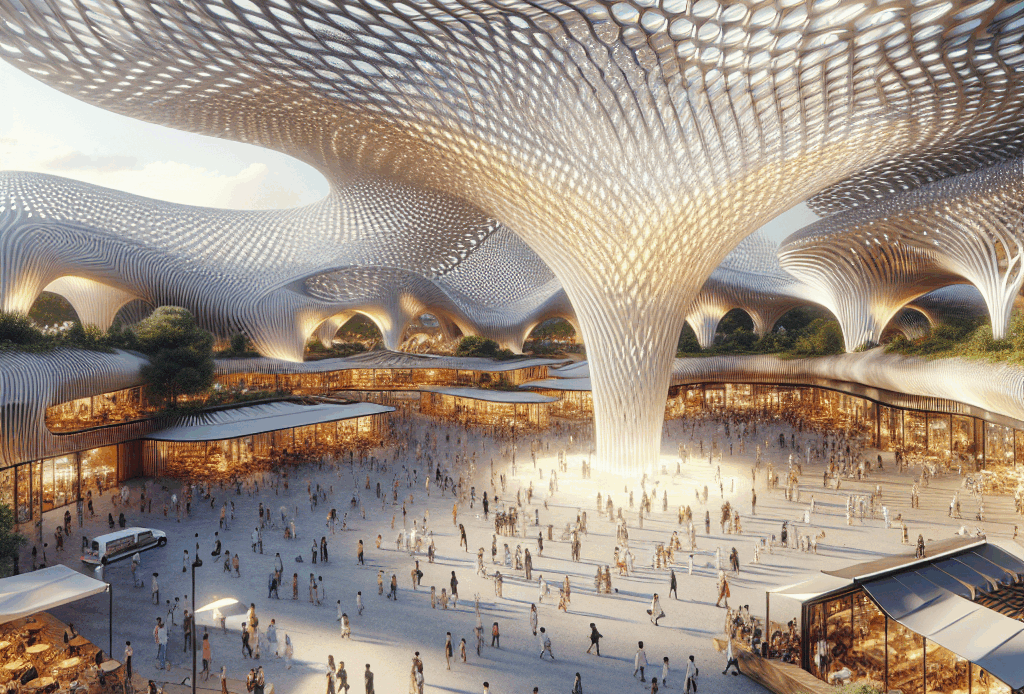Futuristic public square with parametric pavilion of sustainable timber and aluminum, interactive LED lighting, and vibrant urban activity.