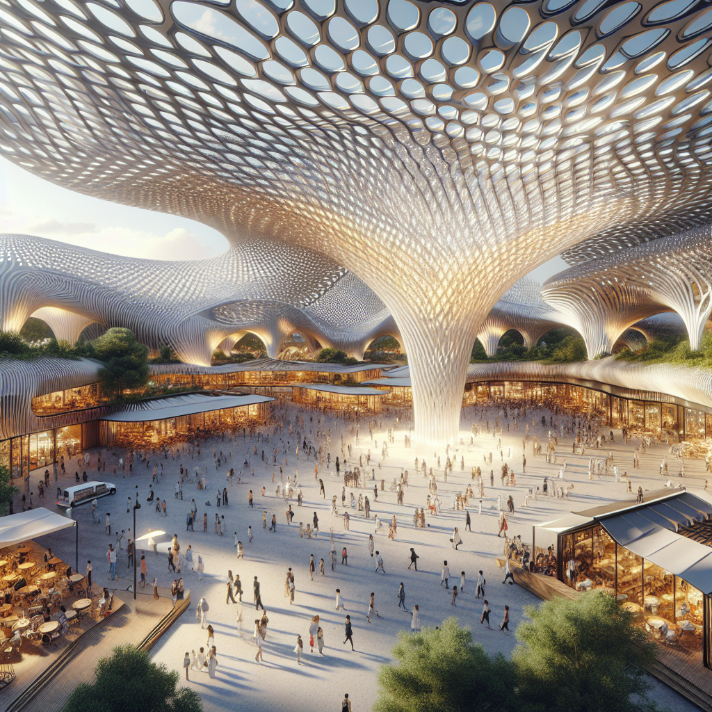 Futuristic public square with parametric pavilion of sustainable timber and aluminum, interactive LED lighting, and vibrant urban activity.