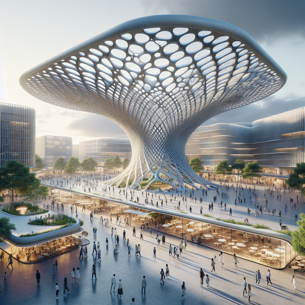 Futuristic public square with parametric pavilion of sustainable timber and aluminum, interactive LED lighting, and vibrant urban activity.