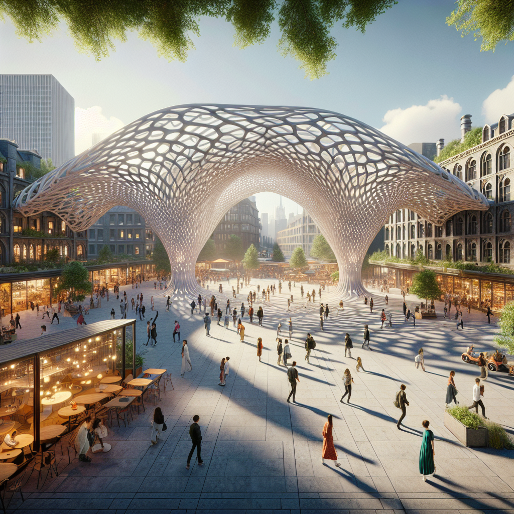 Futuristic public square with parametric pavilion of sustainable timber and aluminum, interactive LED lighting, and vibrant urban activity.