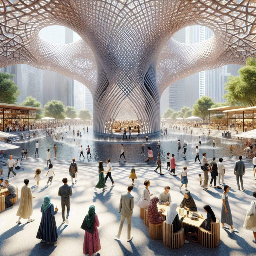 Futuristic public square with parametric pavilion of sustainable timber and aluminum, interactive LED lighting, and vibrant urban activity.