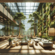 Modern biophilic office lounge with vertical gardens, skylight, indoor trees, natural textures, and tranquil water features.