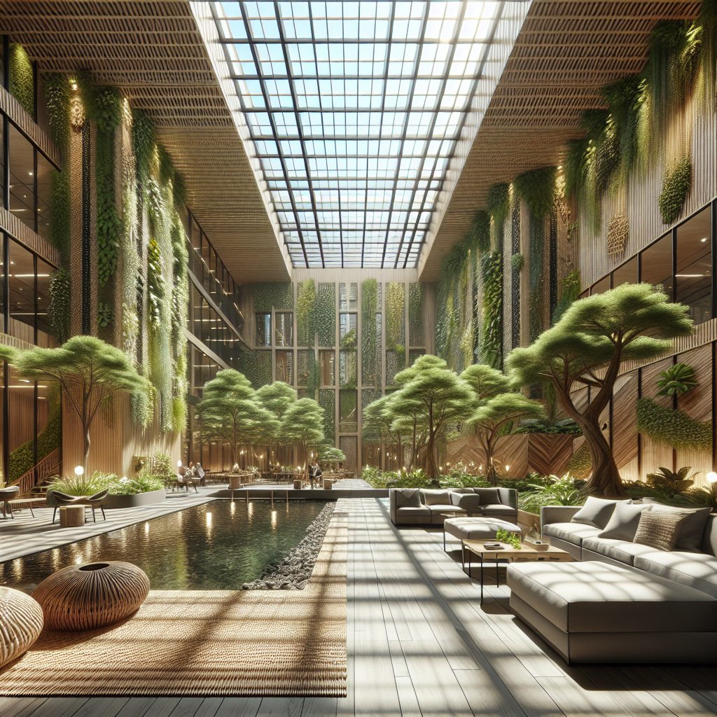 Modern biophilic office lounge with vertical gardens, skylight, indoor trees, natural textures, and tranquil water features.