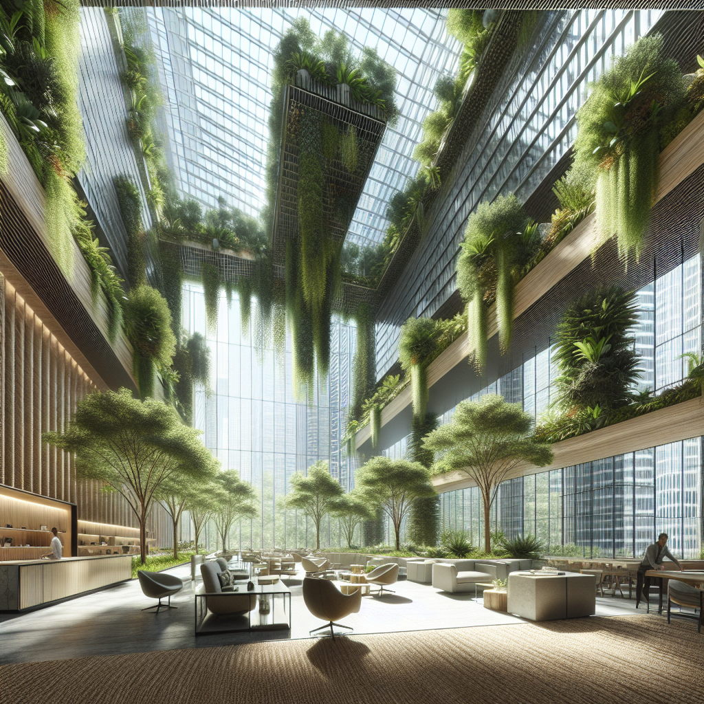 Modern biophilic office lounge with vertical gardens, skylight, indoor trees, natural textures, and tranquil water features.